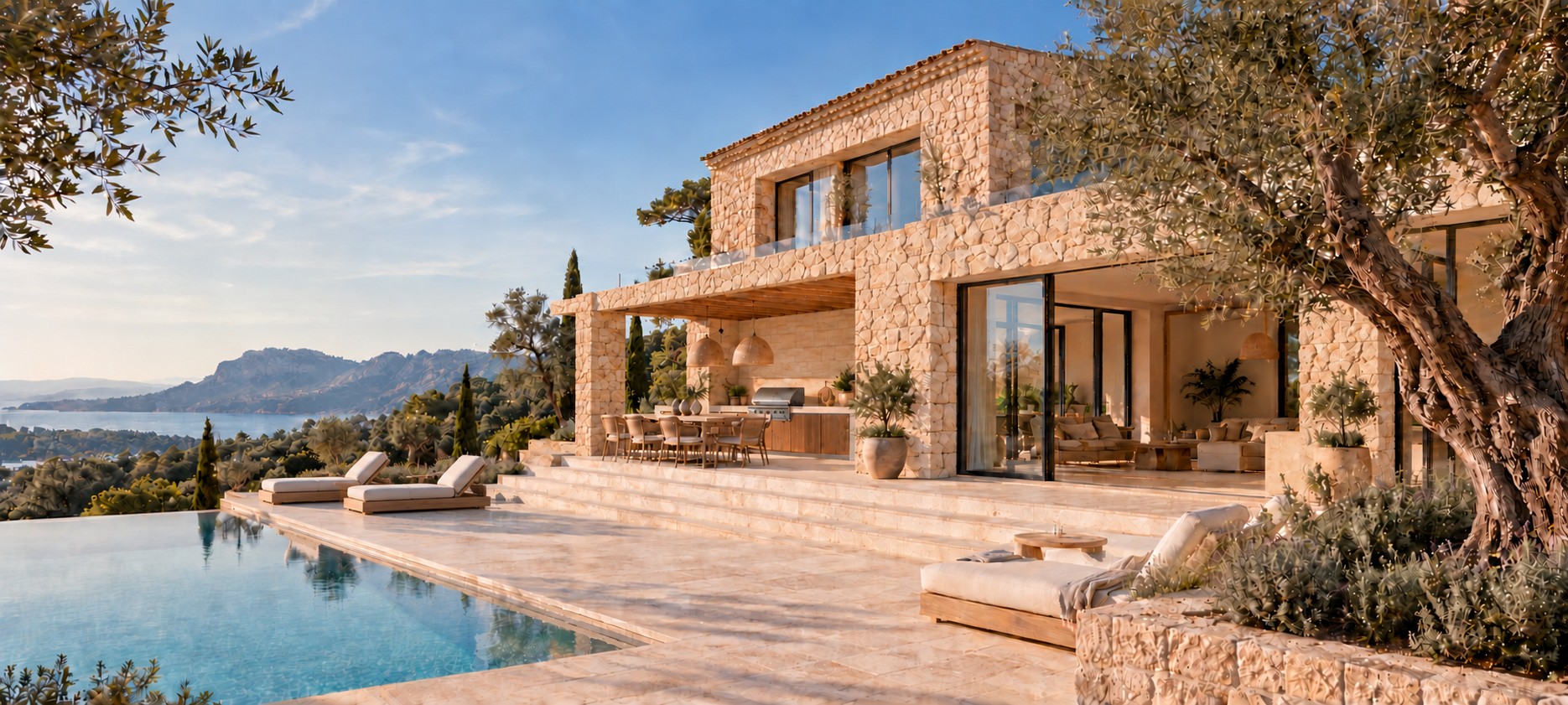 Mediterrane Villa mit Naturstein, großzügiger Verglasung und Outdoor-Küche unter einer Holzpergola